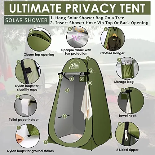 FUN ESSENTIALS Solar Shower Tent Kit, 2 Pcs, Instant Pop Up Privacy, 5 Gallon Solar Shower Bag, Sun Canopy Beach Outdoor Camp Privacy Tent, Easy Set Up, Foldable