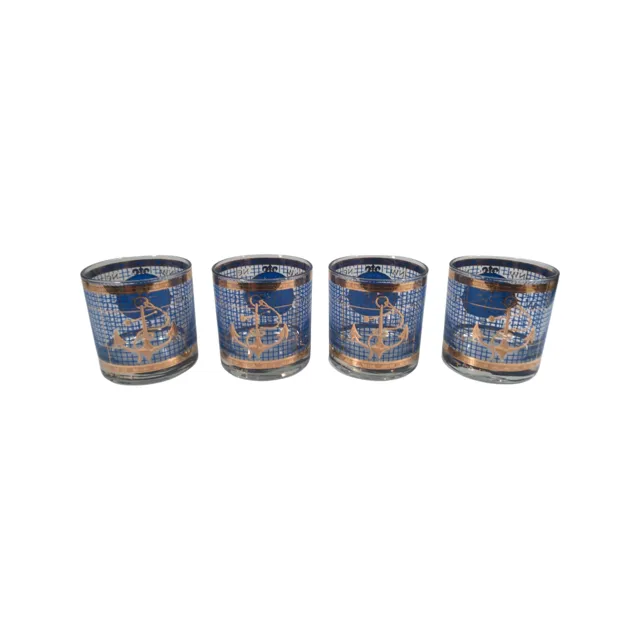 Georges Briard Signed Blue and Gold Navigation/Compass Glasses (Set of 4)