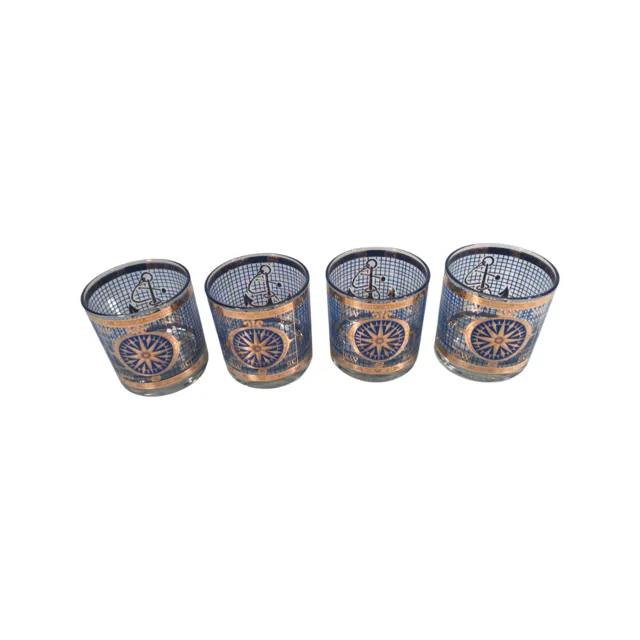 Georges Briard Signed Blue and Gold Navigation/Compass Glasses (Set of 4)