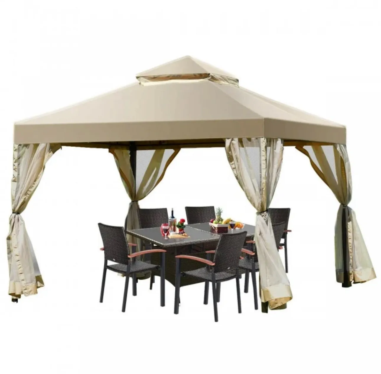 Heavy Duty Beautiful Outdoor 2-Tier 10x10 FT Screw-Free Structure Patio Shelter Gazebo Canopy | For Gatherings, BBQ, Pool, Etc | Waterproof | Easy Assembly