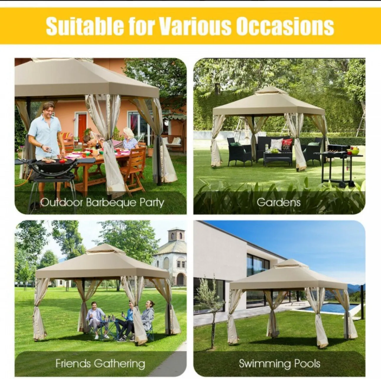 Heavy Duty Beautiful Outdoor 2-Tier 10x10 FT Screw-Free Structure Patio Shelter Gazebo Canopy | For Gatherings, BBQ, Pool, Etc | Waterproof | Easy Assembly