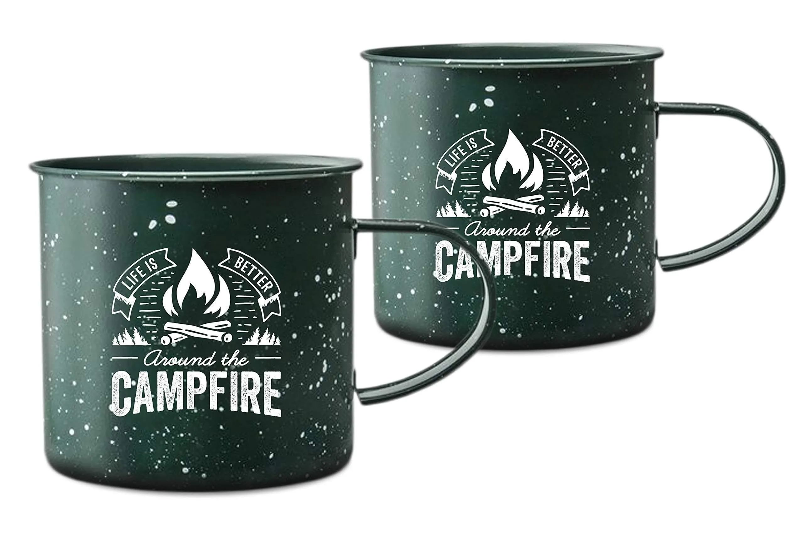 Life is Better Around the Campfire Tin Enamel Large Camping Coffee Mug (Forest Green, 16 Ounce) - Set of 2