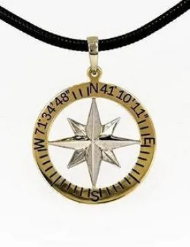 Men's Custom Lat/Lon Waypoints 14k Compass Rose Pendant