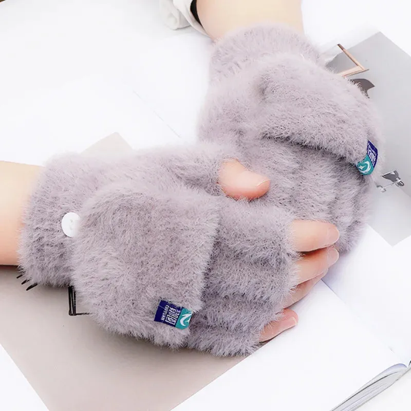 Plush Fingerless Flip Gloves for Women – Soft, Warm, Winter Cold Protection