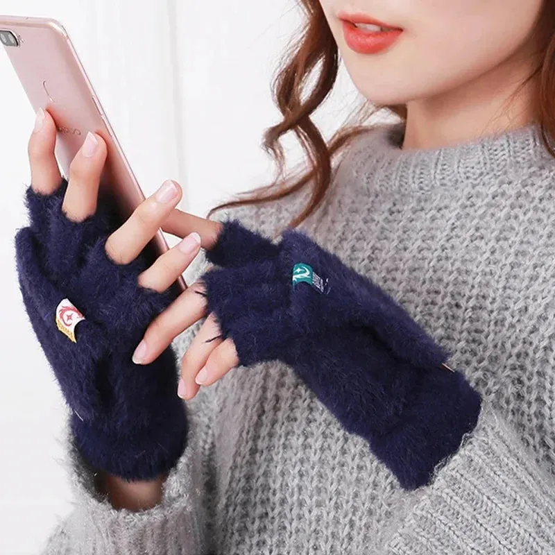 Plush Fingerless Flip Gloves for Women – Soft, Warm, Winter Cold Protection