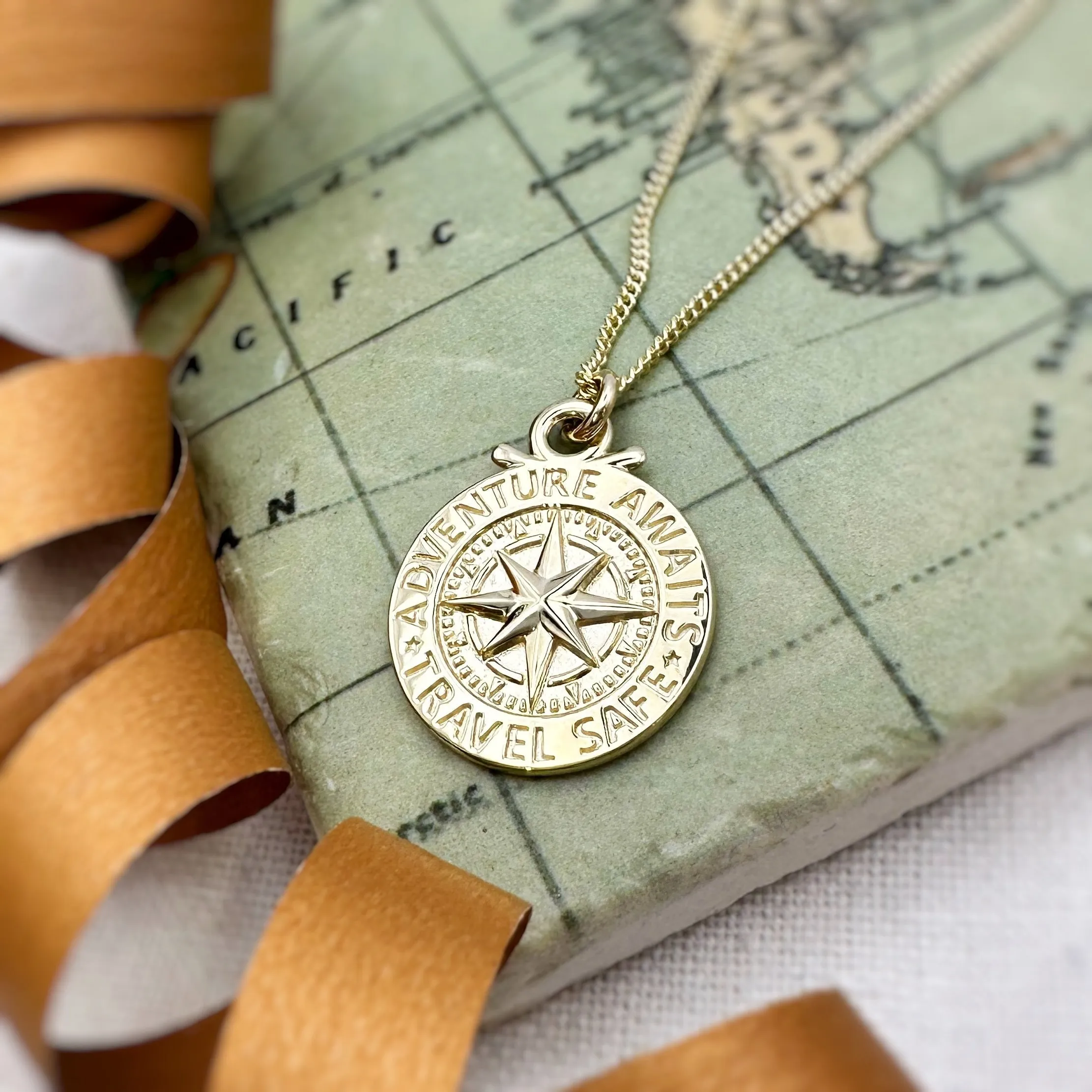 Travel Safe Large Gold Compass St Christopher Necklace