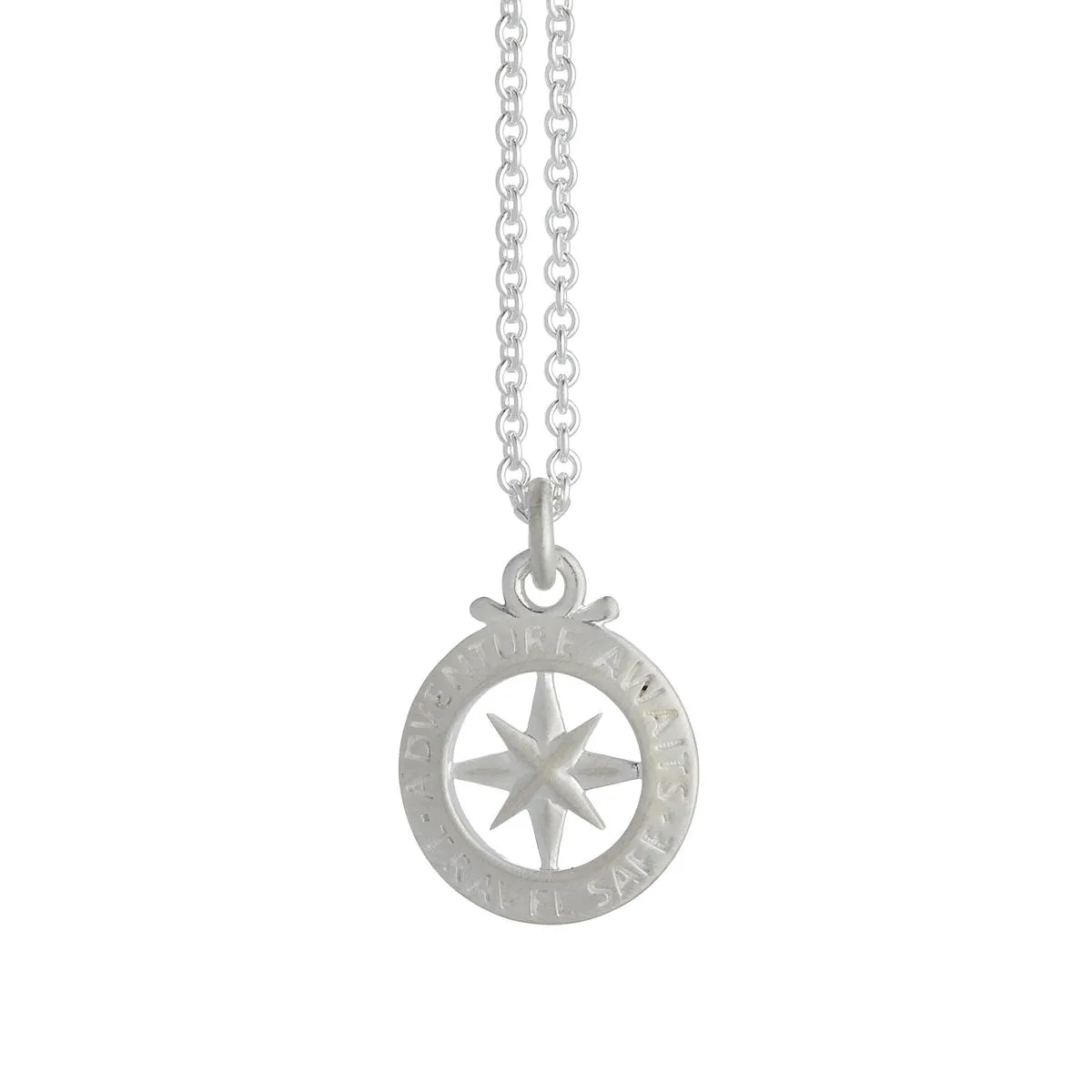 Travel Safe Outline Compass Small St Christopher Silver Necklace