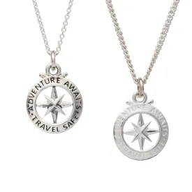 Travel Safe Outline Compass Small St Christopher Silver Necklace