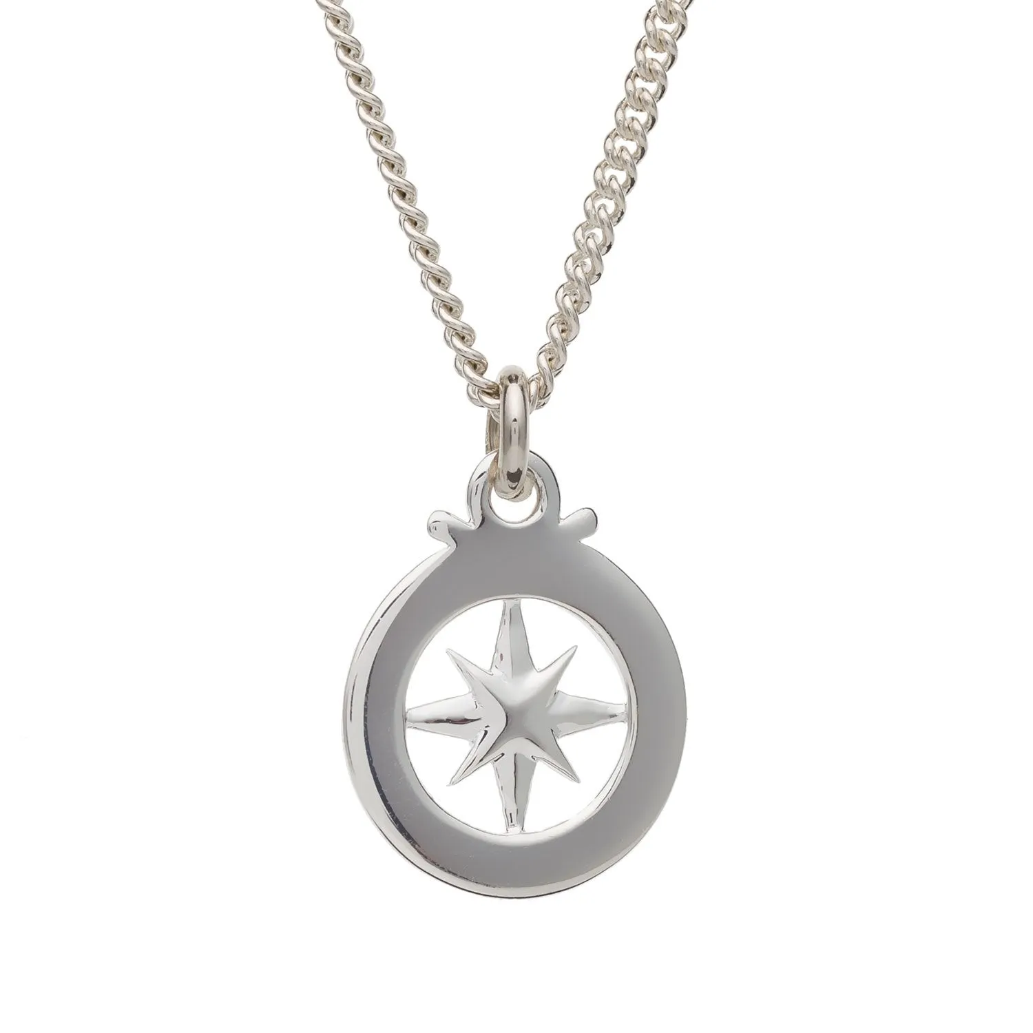 Travel Safe Outline Compass Small St Christopher Silver Necklace