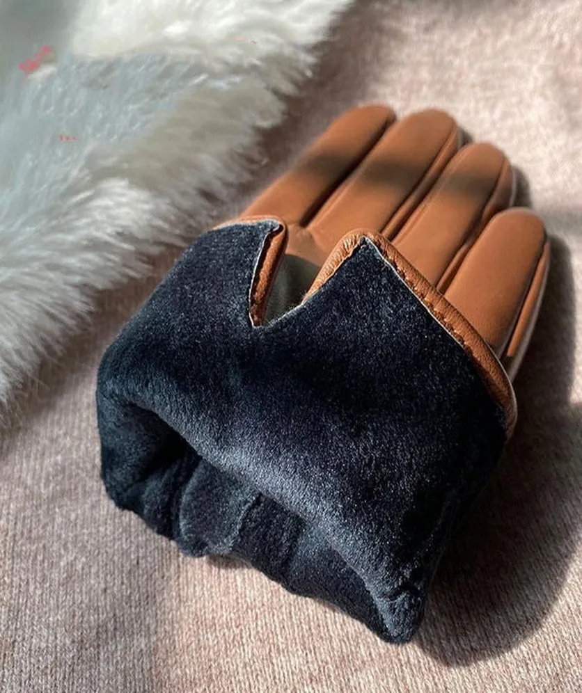 Winter Leather Gloves Women PU Leather Gold Buckle